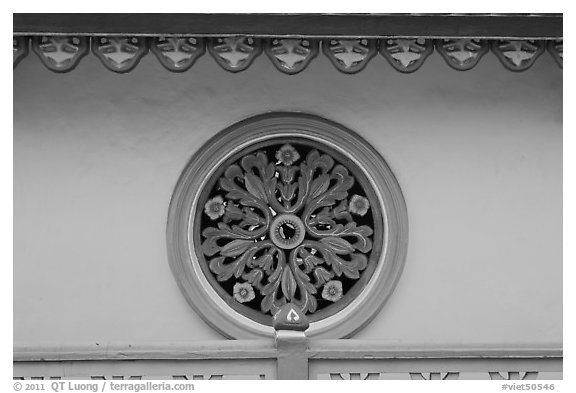 Circular window, Saigon Caodai temple, district 5. Ho Chi Minh City, Vietnam (black and white)