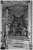 Main ceremonial room and altar Saigon Caodai temple, district 5. Ho Chi Minh City, Vietnam (black and white)