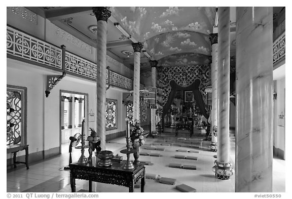 Main ceremonial room, Saigon Caodai temple, district 5. Ho Chi Minh City, Vietnam (black and white)