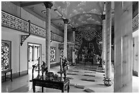 Main ceremonial room, Saigon Caodai temple, district 5. Ho Chi Minh City, Vietnam (black and white)