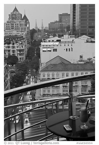 Drinks and view from rooftop bar of Hotel Caravelle. Ho Chi Minh City, Vietnam