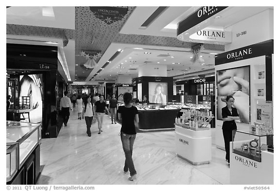 Designer brands in shopping center. Ho Chi Minh City, Vietnam (black and white)