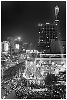 Cityscape elevated view at night with dense traffic on streets. Ho Chi Minh City, Vietnam ( black and white)