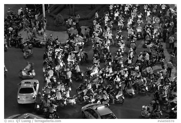 Traffic from above, intersection of Nguyen Hue and Le Loi. Ho Chi Minh City, Vietnam (black and white)