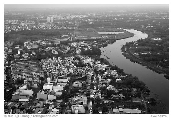 Aerial view of river and urban areas. Ho Chi Minh City, Vietnam (black and white)