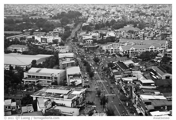Aerial view of street and houses. Ho Chi Minh City, Vietnam (black and white)