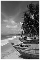 Palm-fringed beach with fishing boats. Mui Ne, Vietnam (black and white)