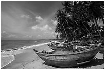 Beach with palm trees and fishing boats. Mui Ne, Vietnam (black and white)