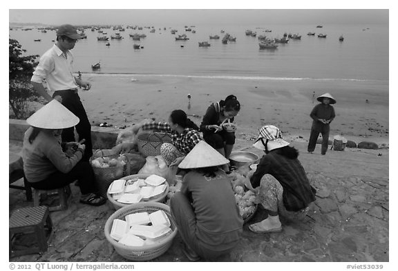 Breakfast at street food stall, Lang Chai. Mui Ne, Vietnam (black and white)