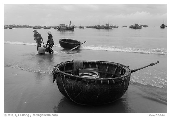 Traditional roundboats on beach. Mui Ne, Vietnam (black and white)