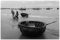 Traditional roundboats on beach. Mui Ne, Vietnam ( black and white)