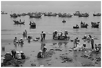 Activity on beach seen from above. Mui Ne, Vietnam (black and white)