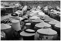 Vats of Nuoc Mam Fish Sauce. Mui Ne, Vietnam (black and white)