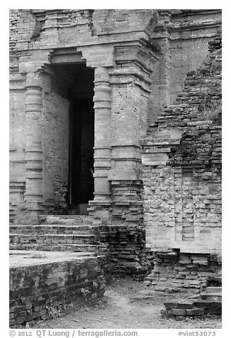 Entrance to sanctuary in Cham Tower. Mui Ne, Vietnam (black and white)