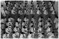Worshippers dressed in white pray in neat rows in Cao Dai temple. Tay Ninh, Vietnam (black and white)