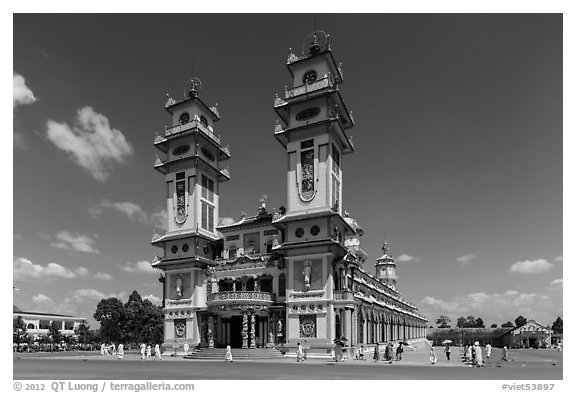 Cao Dai Holy See facade. Tay Ninh, Vietnam (black and white)