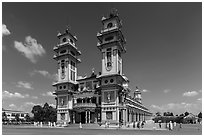 Cao Dai Holy See facade. Tay Ninh, Vietnam (black and white)