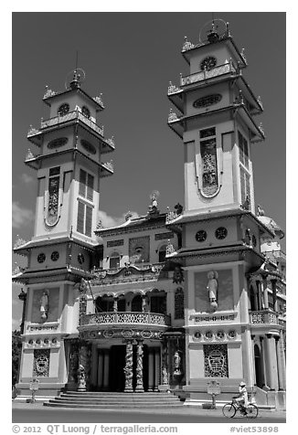 Great Temple of Cao Dai facade. Tay Ninh, Vietnam (black and white)