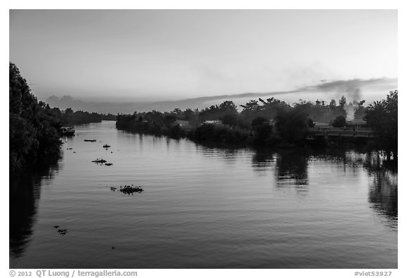 River and homes at sunset. Mekong Delta, Vietnam (black and white)
