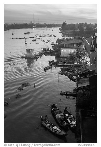 Boats and riverfront from above at dawn. Can Tho, Vietnam