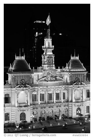 Peoples committee building (former City Hall) by night. Ho Chi Minh City, Vietnam (black and white)