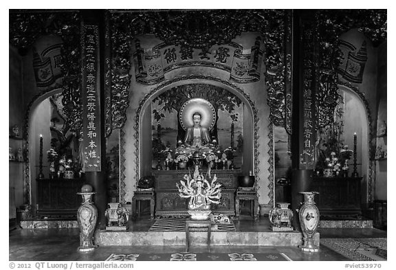 Interior of Linh Ung pagoda,. Da Nang, Vietnam (black and white)