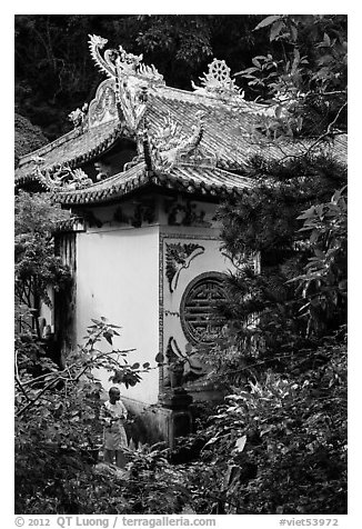 Linh Ung pagoda and monk. Da Nang, Vietnam (black and white)