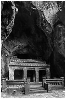 Santuary in Buddhist grotto, Thuy Son. Da Nang, Vietnam (black and white)