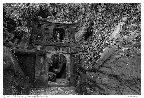 Gate in the jungle, Thuy Son hill, Marble Mountains. Da Nang, Vietnam (black and white)