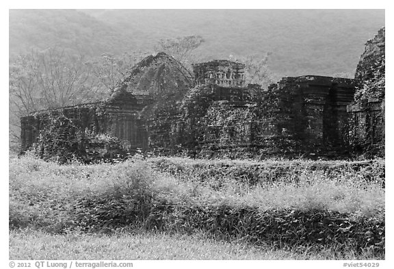 Ruined cham temples in the mist. My Son, Vietnam (black and white)