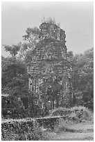Ruined cham tower in the mist. My Son, Vietnam (black and white)