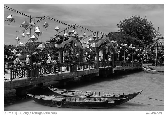 Cam Nam bridge with lanterns. Hoi An, Vietnam (black and white)