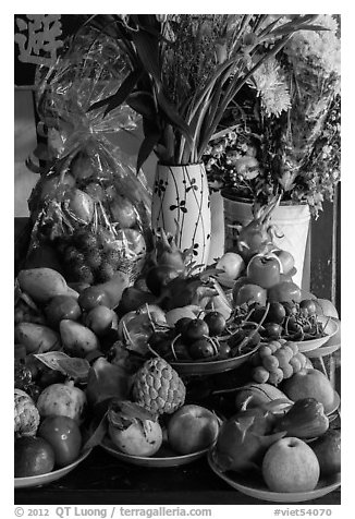 Fruit offering on temple altar. Hoi An, Vietnam (black and white)