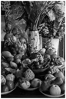 Fruit offering on temple altar. Hoi An, Vietnam (black and white)