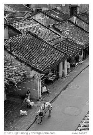 Old houses with tile rooftops and street from above. Hoi An, Vietnam (black and white)