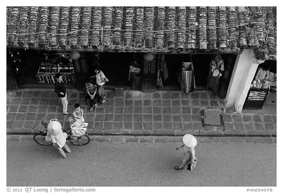 Street activity from above. Hoi An, Vietnam (black and white)