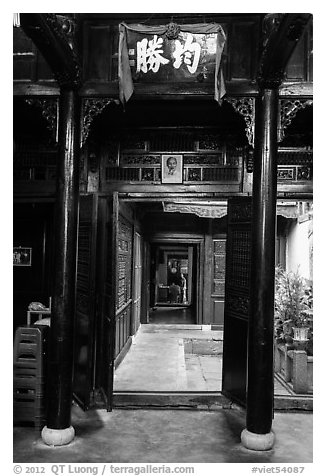 Woodwork inside Quan Thang historic house. Hoi An, Vietnam (black and white)