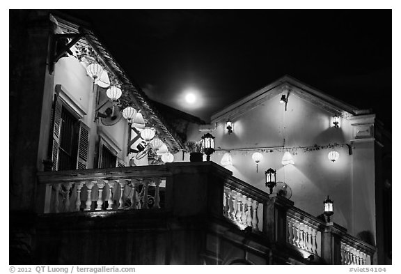 House with lanterns and moon. Hoi An, Vietnam (black and white)