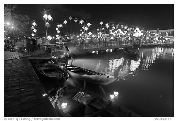 Cam Nam bridge on lantern festival night. Hoi An, Vietnam (black and white)