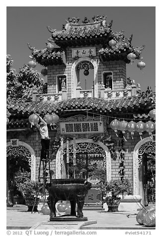 Hanging paper lanterns in Quan Cong temple. Hoi An, Vietnam (black and white)