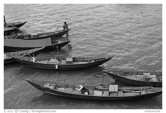 Blue fishing sampans from above. Vietnam (black and white)