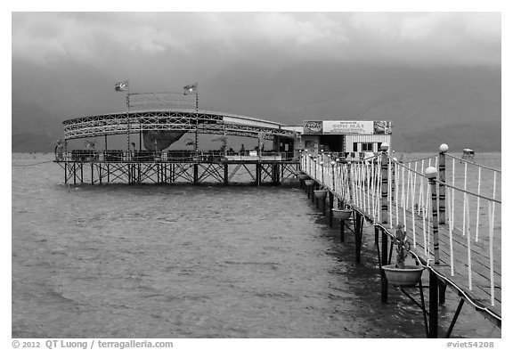 Restaurant on stilts, Lang Co lagoon. Vietnam (black and white)