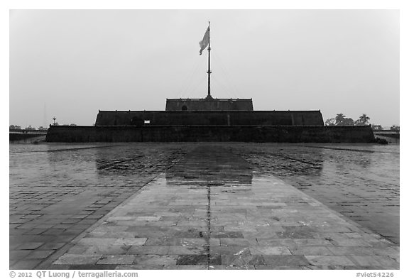 Flag monument in the rain. Hue, Vietnam (black and white)