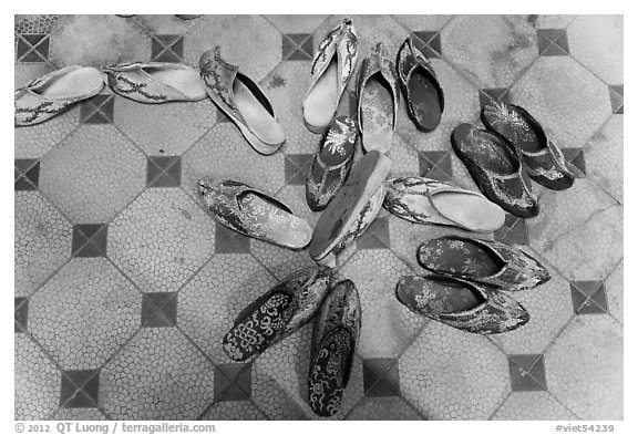 Slippers in imperial style, imperial citadel. Hue, Vietnam (black and white)