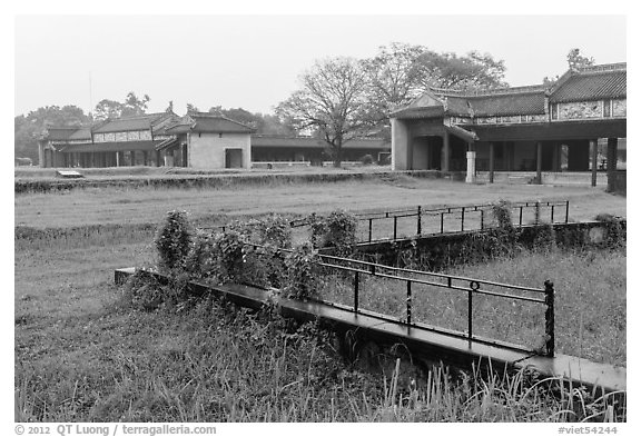 Palaces and grassy grounds, imperial citadel. Hue, Vietnam (black and white)