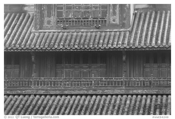 Detail of tile roof and wooden palace, citadel. Hue, Vietnam (black and white)