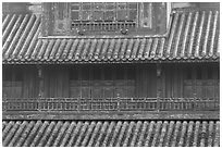 Detail of tile roof and wooden palace, citadel. Hue, Vietnam (black and white)
