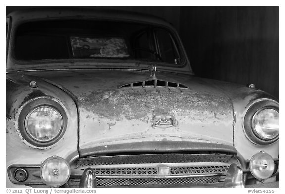 Car in Thich Quang Duc was driven to his self-immolation, Thien Mu pagoda. Hue, Vietnam (black and white)