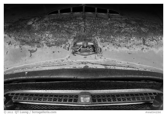 Detail of Austin car, Thien Mu pagoda. Hue, Vietnam (black and white)