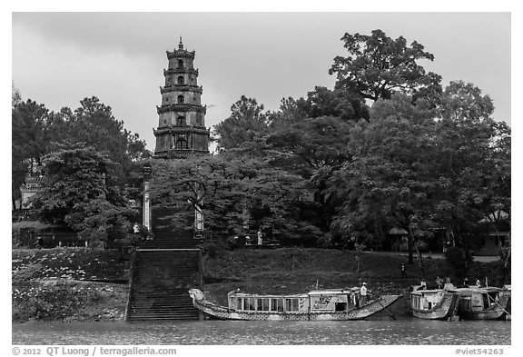 Phuoc Duyen Tower seen from river. Hue, Vietnam (black and white)